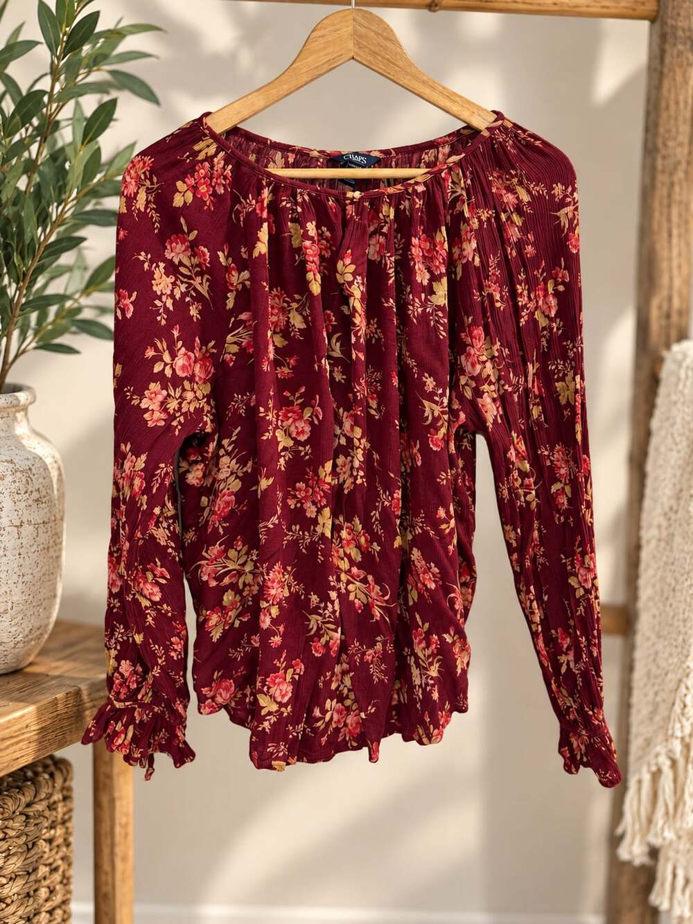 Chaps Floral Blouse Size XL Red Long Sleeve Ruffle Cuffs